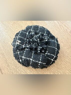 100% Authentic Chanel Black Fabric Camellia Flower 3 Inch Brooch Pin On